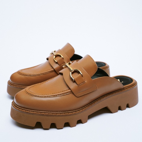 ZARA Leather Lug Sole Buckle Platform Loafer Mules